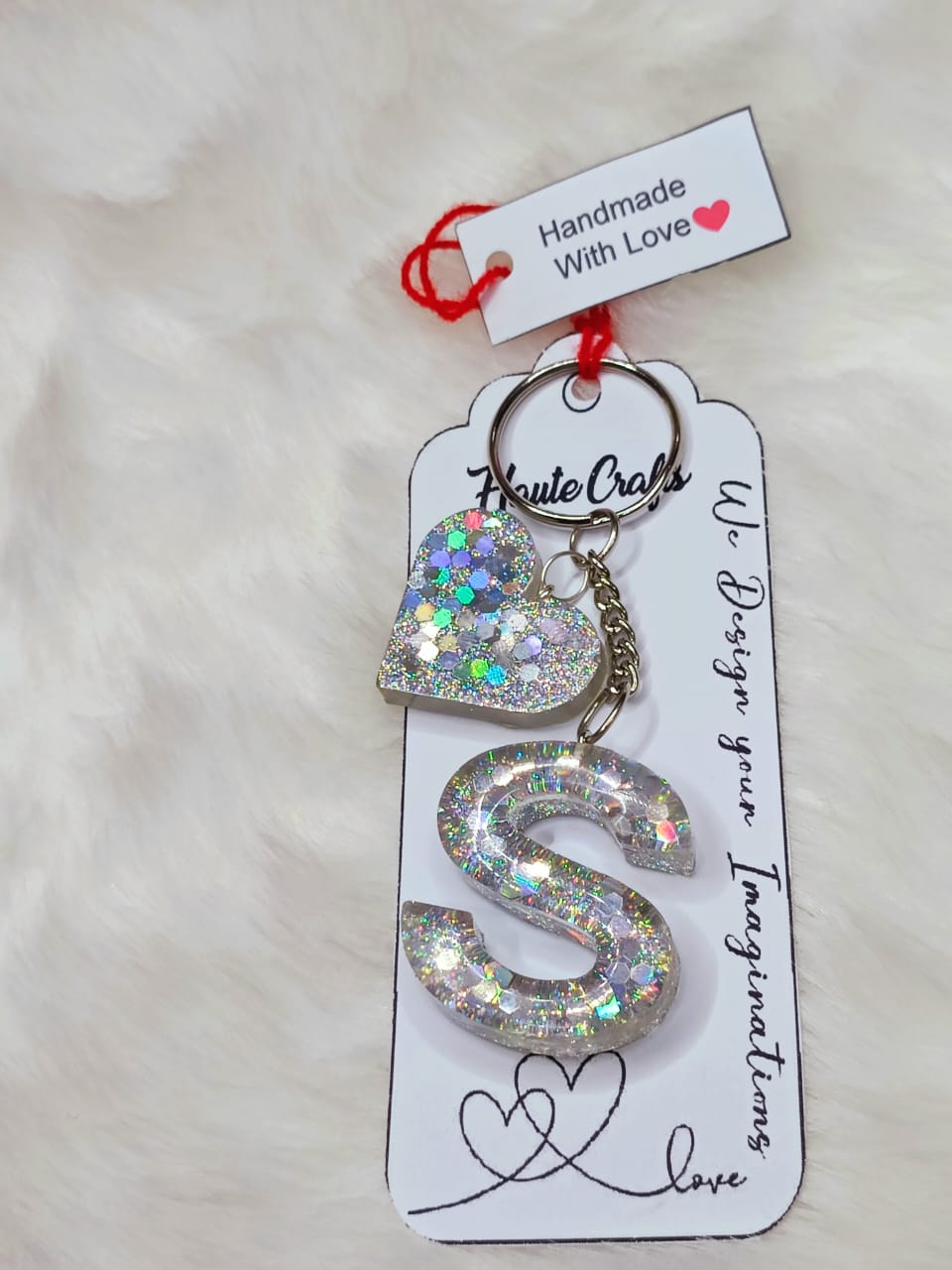 Haute Crafts Shiny Glittery Silver ("S")- with Big Heart, Resin Alphabet Initial Letter Keychain Key Ring for Women Girls Purse Handbags, Bike, Car Keyring ("S")
