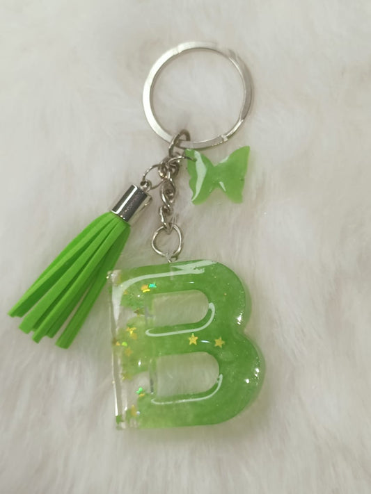 Haute Crafts Shiny Star Light Green ("B")- with small Butterfly & Green Tassel, Resin Alphabet Initial Letter Keychain Key Ring for Women Girls Purse Handbags, Bike, Car Keyring, Small Gifts, Home, ("B"