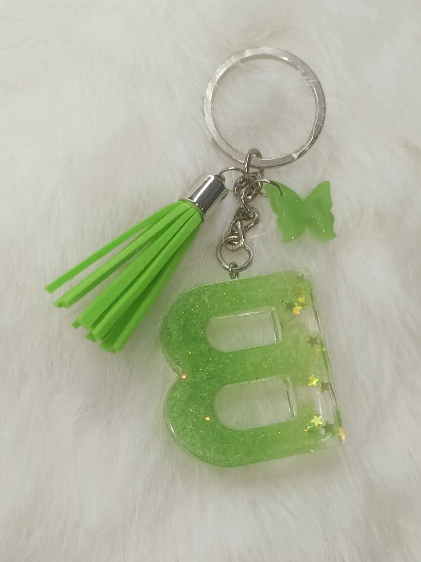 Haute Crafts Shiny Star Light Green ("B")- with small Butterfly & Green Tassel, Resin Alphabet Initial Letter Keychain Key Ring for Women Girls Purse Handbags, Bike, Car Keyring, Small Gifts, Home, ("B"