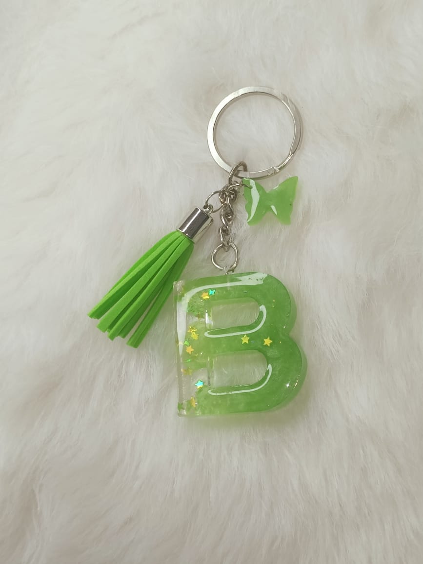 Haute Crafts Shiny Star Light Green ("B")- with small Butterfly & Green Tassel, Resin Alphabet Initial Letter Keychain Key Ring for Women Girls Purse Handbags, Bike, Car Keyring, Small Gifts, Home, ("B"
