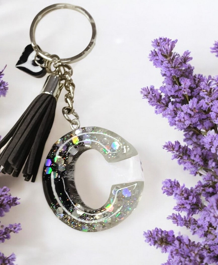 Haute Crafts Shiny Glittery Silver & Black ("C")- with small Heart & Tassel, Resin Alphabet Initial Letter Keychain Key Ring for Women Girls Purse Handbags, Bike, Car Keyring ("C")