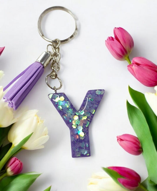 Haute Crafts Shiny Glittery Purple ("Y")- with Tassel, Resin Alphabet Initial Letter Keychain Key Ring for Women Girls Purse Handbags, Bike, Car Keyring ("Y")