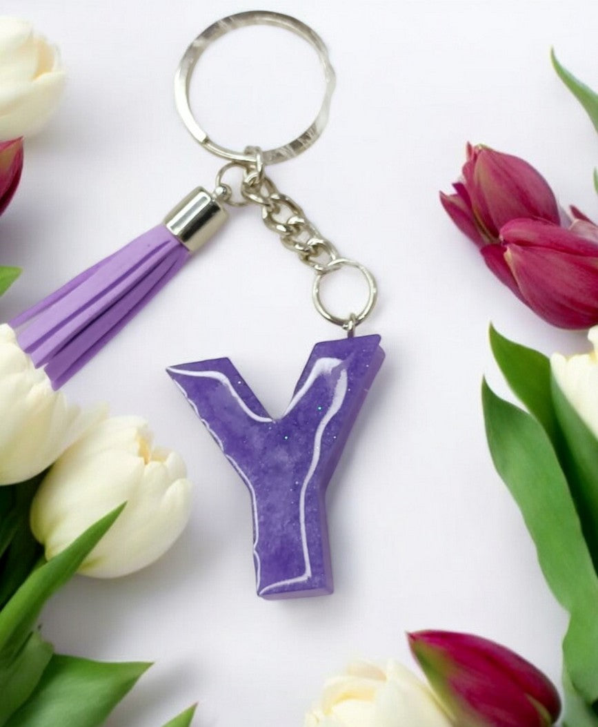 Haute Crafts Shiny Glittery Purple ("Y")- with Tassel, Resin Alphabet Initial Letter Keychain Key Ring for Women Girls Purse Handbags, Bike, Car Keyring ("Y")