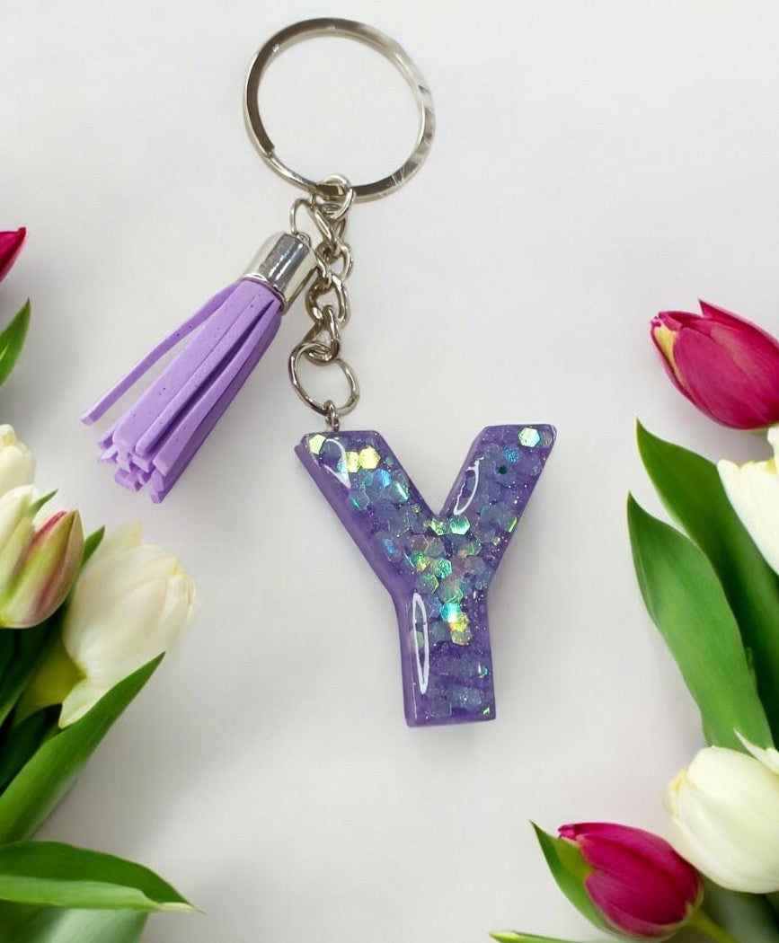 Haute Crafts Shiny Glittery Purple ("Y")- with Tassel, Resin Alphabet Initial Letter Keychain Key Ring for Women Girls Purse Handbags, Bike, Car Keyring ("Y")