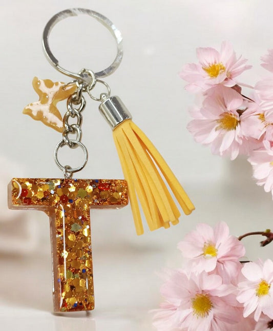 Haute Crafts Shiny Glittery Copper ("T")- with small Butterfly & Tassel, Resin Alphabet Initial Letter Keychain Key Ring for Women Girls Purse Handbags, Bike, Car Keyring ("T")