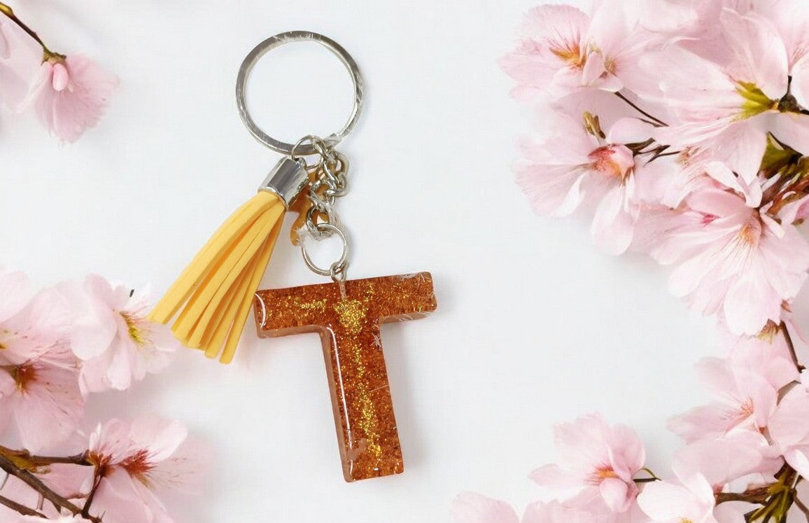 Haute Crafts Shiny Glittery Copper ("T")- with small Butterfly & Tassel, Resin Alphabet Initial Letter Keychain Key Ring for Women Girls Purse Handbags, Bike, Car Keyring ("T")