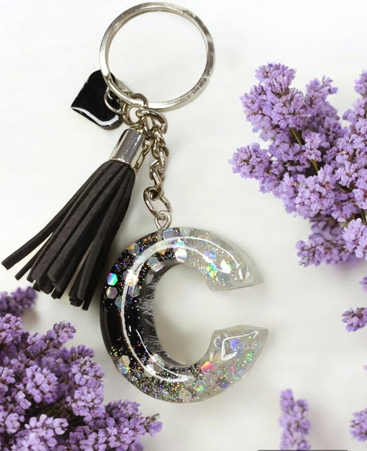 Haute Crafts Shiny Glittery Silver & Black ("C")- with small Heart & Tassel, Resin Alphabet Initial Letter Keychain Key Ring for Women Girls Purse Handbags, Bike, Car Keyring ("C")
