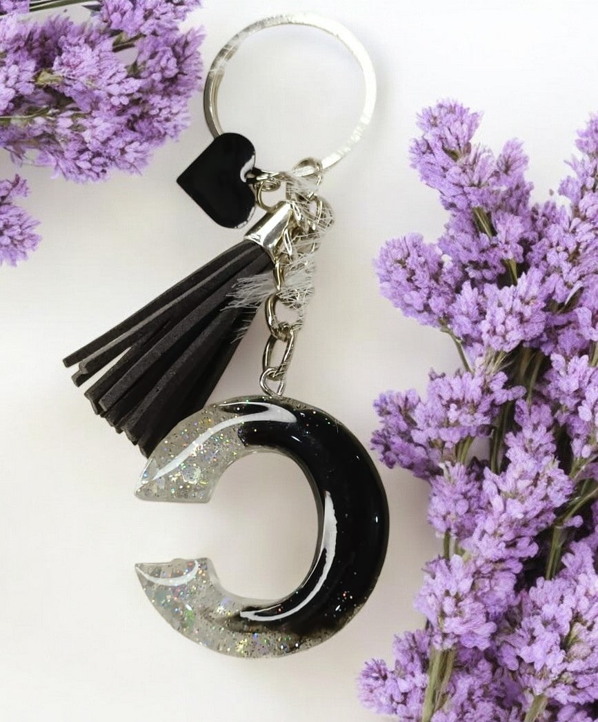 Haute Crafts Shiny Glittery Silver & Black ("C")- with small Heart & Tassel, Resin Alphabet Initial Letter Keychain Key Ring for Women Girls Purse Handbags, Bike, Car Keyring ("C")