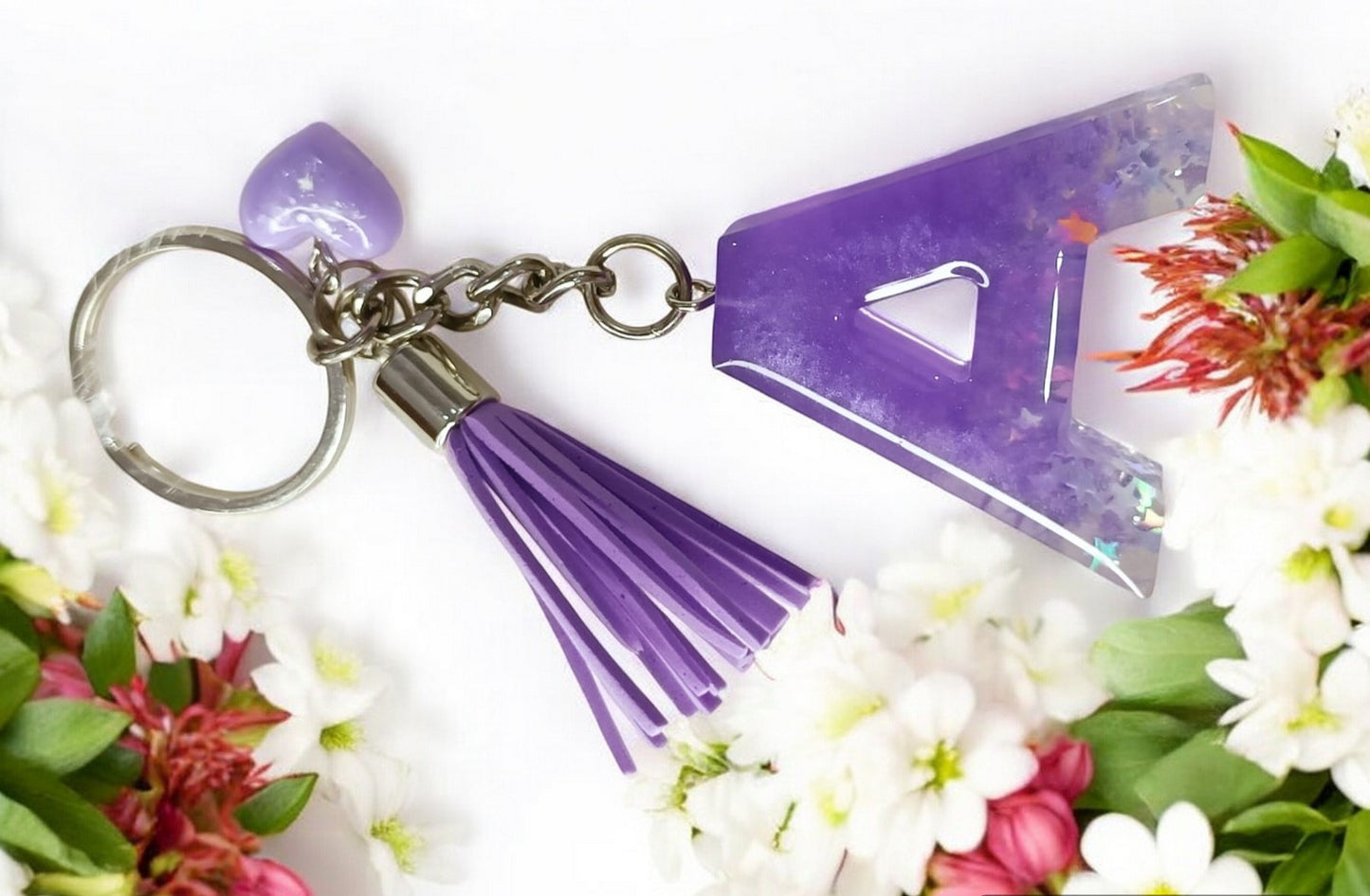 Haute Crafts Shiny Glittery Purple ("A")- with small Heart & Tassel, Resin Alphabet Initial Letter Keychain Key Ring for Women Girls Purse Handbags, Bike, Car Keyring ("A")