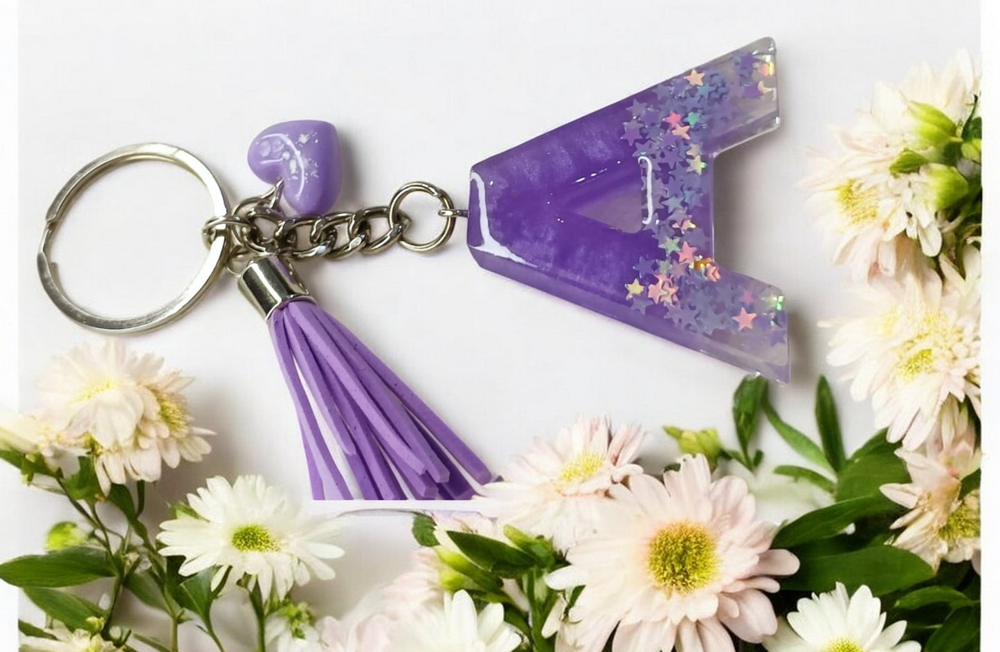 Haute Crafts Shiny Glittery Purple ("A")- with small Heart & Tassel, Resin Alphabet Initial Letter Keychain Key Ring for Women Girls Purse Handbags, Bike, Car Keyring ("A")