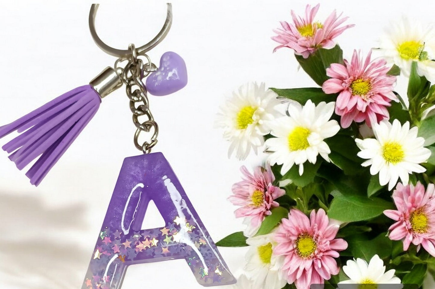 Haute Crafts Shiny Glittery Purple ("A")- with small Heart & Tassel, Resin Alphabet Initial Letter Keychain Key Ring for Women Girls Purse Handbags, Bike, Car Keyring ("A")