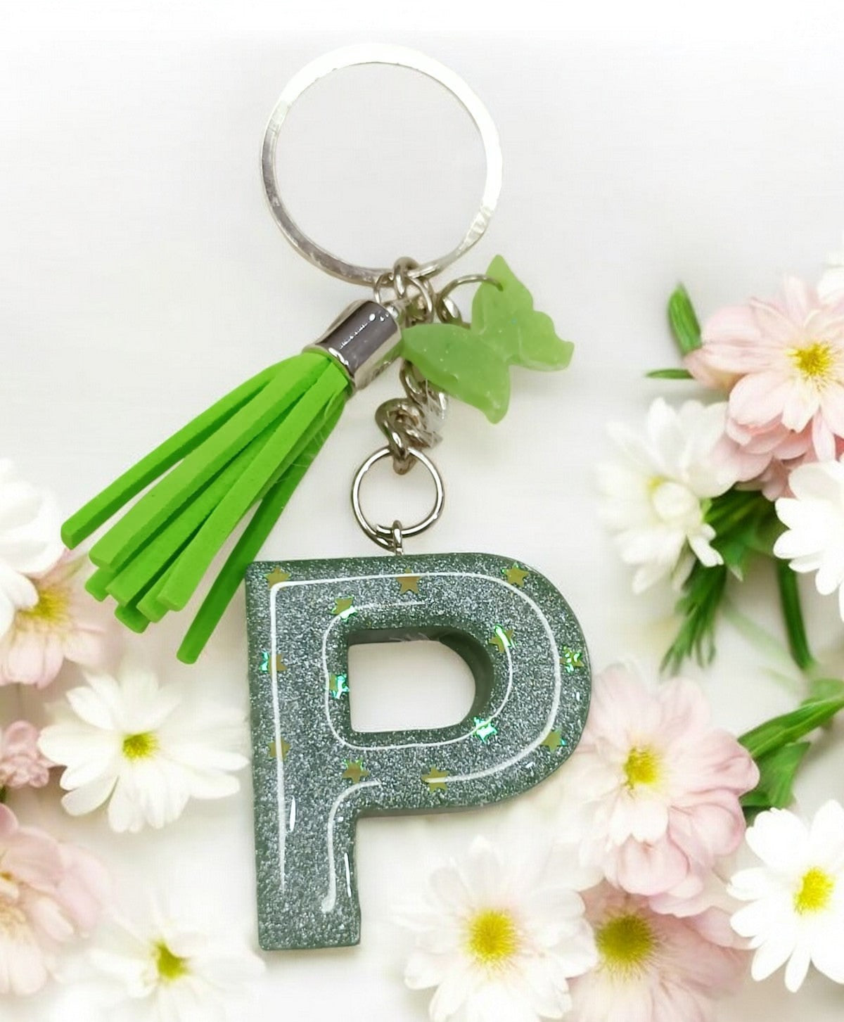 Haute Crafts Shiny Glittery Green ("P")- with small Butterfly & Tassel, Resin Alphabet Initial Letter Keychain Key Ring for Women Girls Purse Handbags, Bike, Car Keyring ("P")