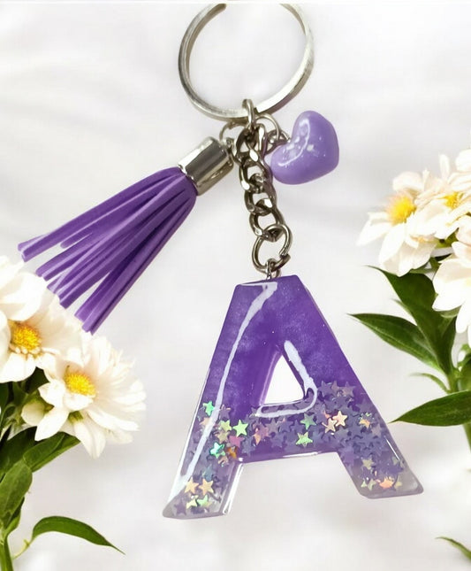 Haute Crafts Shiny Glittery Purple ("A")- with small Heart & Tassel, Resin Alphabet Initial Letter Keychain Key Ring for Women Girls Purse Handbags, Bike, Car Keyring ("A")