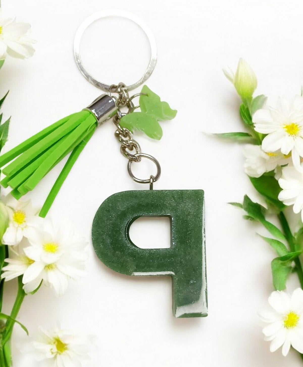 Haute Crafts Shiny Glittery Green ("P")- with small Butterfly & Tassel, Resin Alphabet Initial Letter Keychain Key Ring for Women Girls Purse Handbags, Bike, Car Keyring ("P")