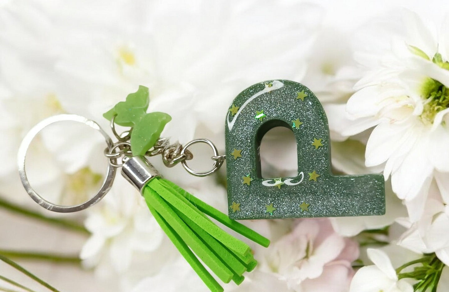 Haute Crafts Shiny Glittery Green ("P")- with small Butterfly & Tassel, Resin Alphabet Initial Letter Keychain Key Ring for Women Girls Purse Handbags, Bike, Car Keyring ("P")