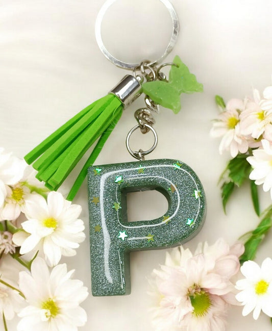 Haute Crafts Shiny Glittery Green ("P")- with small Butterfly & Tassel, Resin Alphabet Initial Letter Keychain Key Ring for Women Girls Purse Handbags, Bike, Car Keyring ("P")