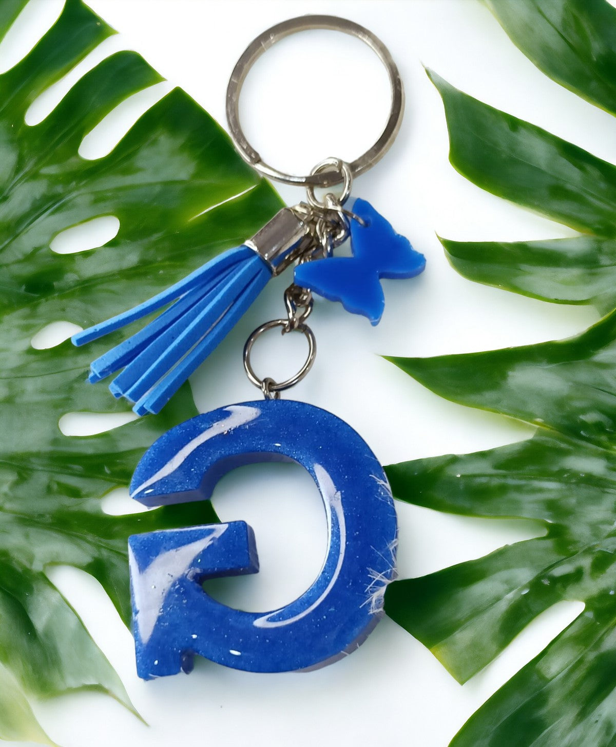 Haute Crafts Shiny Glittery Blue With Small Butterfly ("G") Resin Alphabet Initial Letter Keychain Key Ring for Women Girls Purse Handbags ("G")