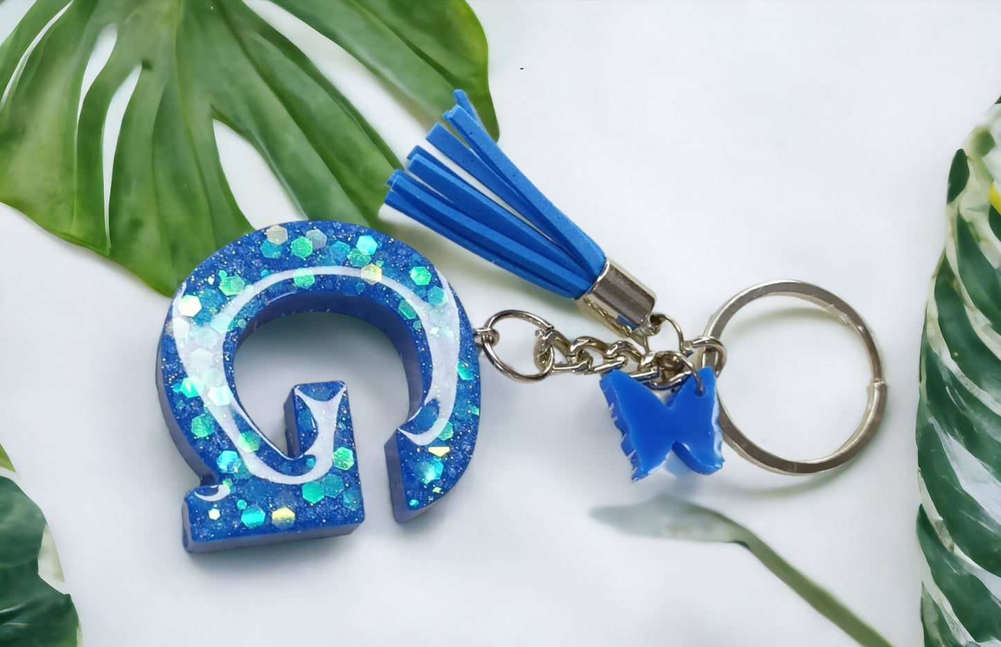 Haute Crafts Shiny Glittery Blue With Small Butterfly ("G") Resin Alphabet Initial Letter Keychain Key Ring for Women Girls Purse Handbags ("G")