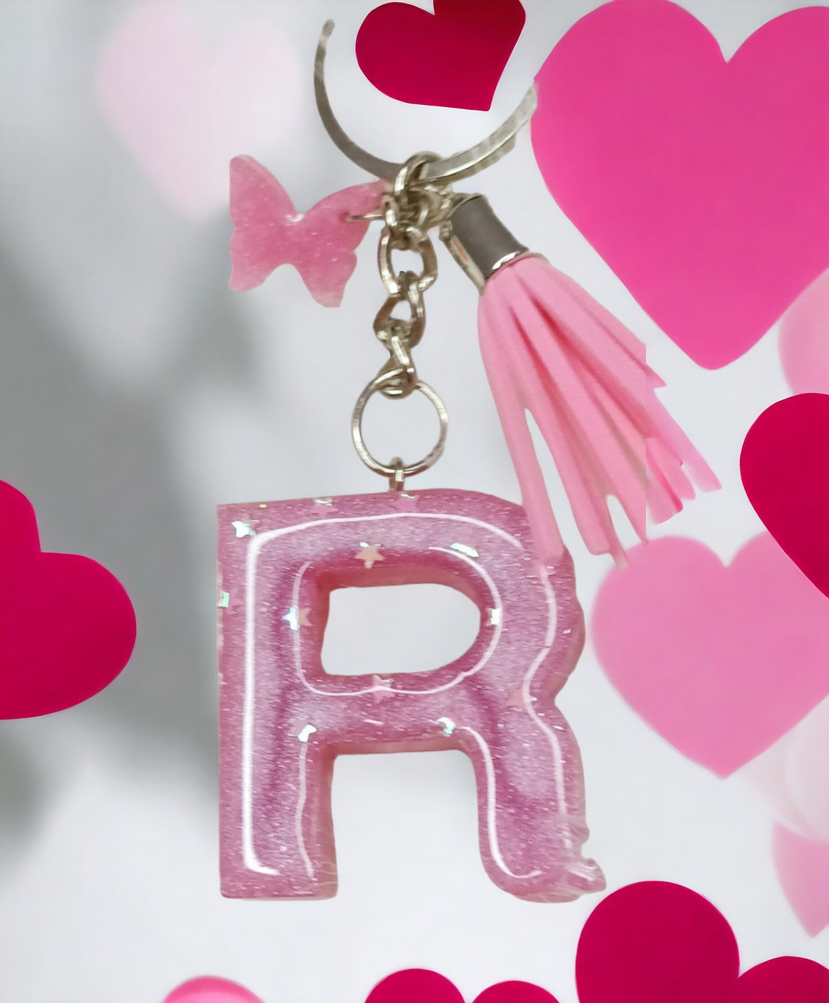 Haute Crafts Shiny Pink ("R")- with small Butterfly & Tassel Resin Alphabet Initial Letter Keychain Key Ring for Women Girls Purse Handbags, Bike, Car Keyring ("R")
