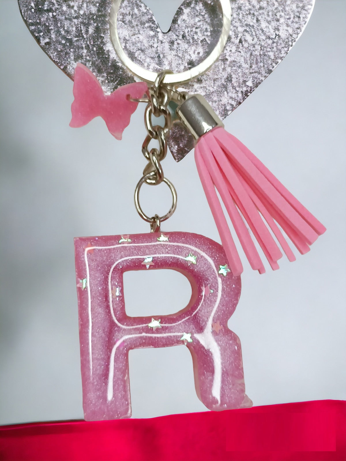 Haute Crafts Shiny Pink ("R")- with small Butterfly & Tassel Resin Alphabet Initial Letter Keychain Key Ring for Women Girls Purse Handbags, Bike, Car Keyring ("R")