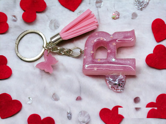 Haute Crafts Shiny Pink ("R")- with small Butterfly & Tassel Resin Alphabet Initial Letter Keychain Key Ring for Women Girls Purse Handbags, Bike, Car Keyring ("R")