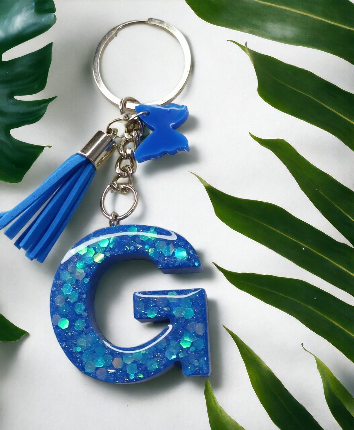 Haute Crafts Shiny Glittery Blue With Small Butterfly ("G") Resin Alphabet Initial Letter Keychain Key Ring for Women Girls Purse Handbags ("G")