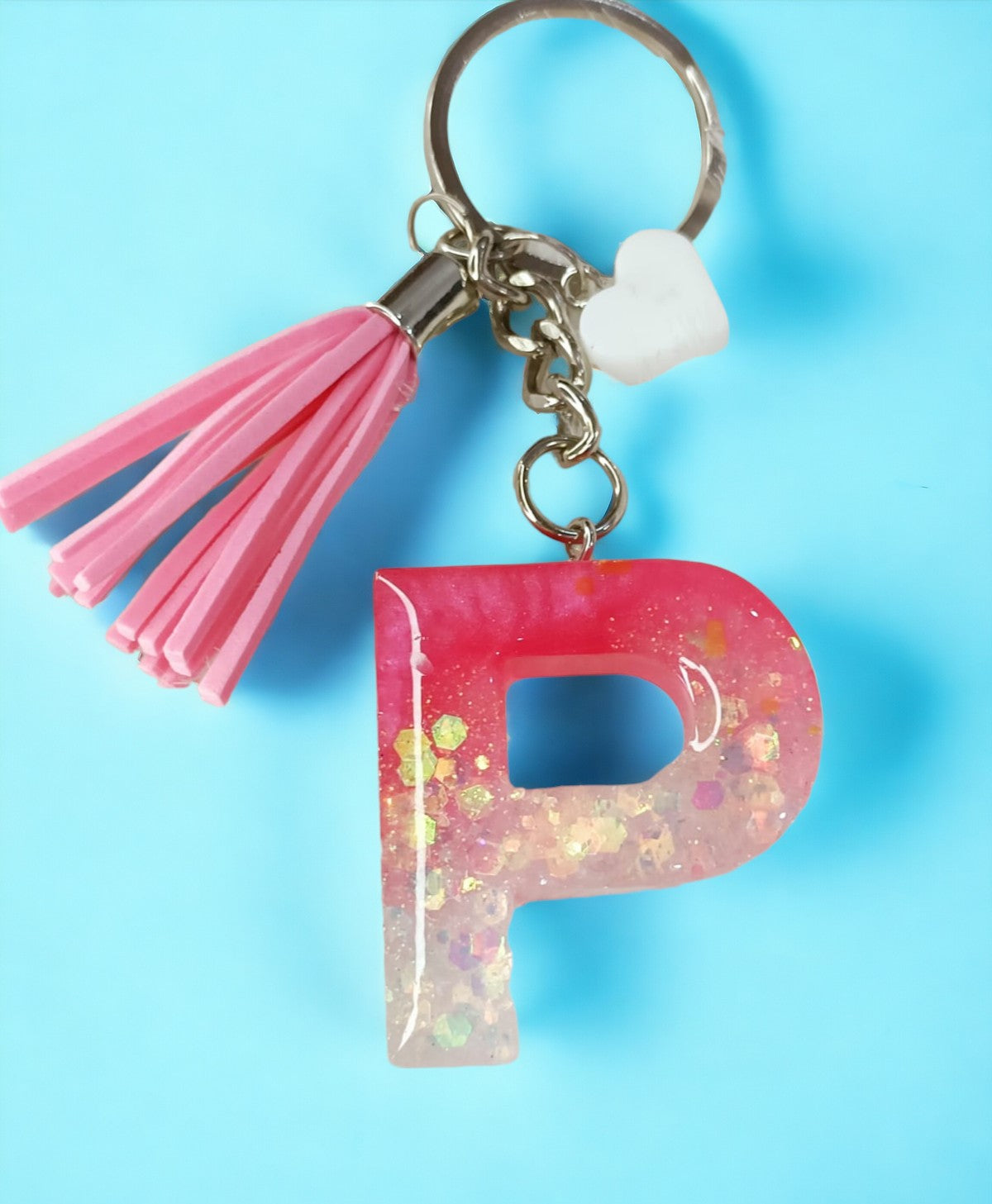 Haute Crafts Shiny Glittery Pink & White ("P")- with small heart & Tassel, Resin Alphabet Initial Letter Keychain Key Ring for Women Girls Purse Handbags, Bike, Car Keyring ("P")
