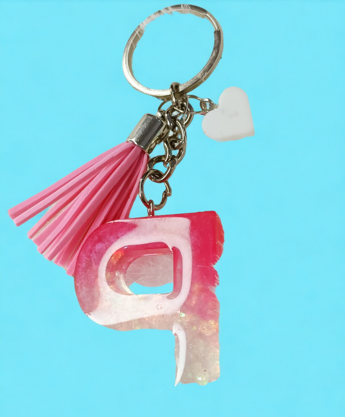 Haute Crafts Shiny Glittery Pink & White ("P")- with small heart & Tassel, Resin Alphabet Initial Letter Keychain Key Ring for Women Girls Purse Handbags, Bike, Car Keyring ("P")