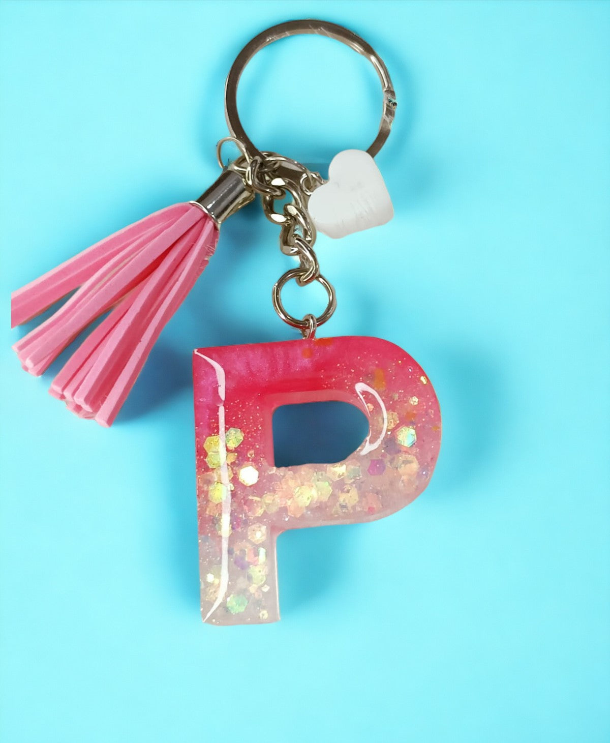 Haute Crafts Shiny Glittery Pink & White ("P")- with small heart & Tassel, Resin Alphabet Initial Letter Keychain Key Ring for Women Girls Purse Handbags, Bike, Car Keyring ("P")