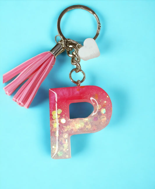 Haute Crafts Shiny Glittery Pink & White ("P")- with small heart & Tassel, Resin Alphabet Initial Letter Keychain Key Ring for Women Girls Purse Handbags, Bike, Car Keyring ("P")