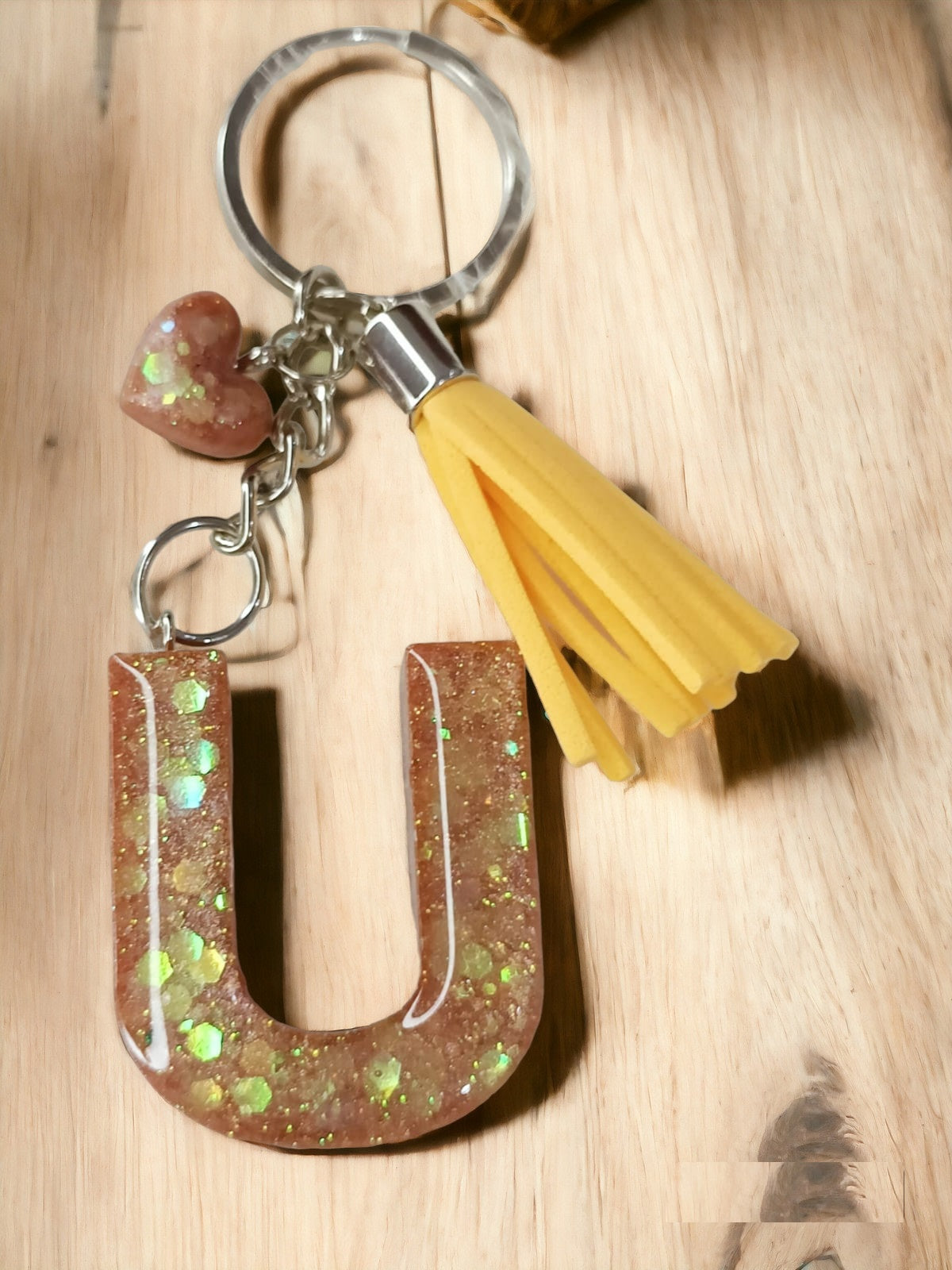 Haute Crafts Shiny Glittery Copper ("U")- with small Heart& Tassel, Resin Alphabet Initial Letter Keychain Key Ring for Women Girls Purse Handbags, Bike, Car Keyring ("U")