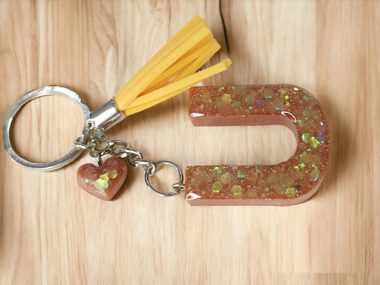 Haute Crafts Shiny Glittery Copper ("U")- with small Heart& Tassel, Resin Alphabet Initial Letter Keychain Key Ring for Women Girls Purse Handbags, Bike, Car Keyring ("U")