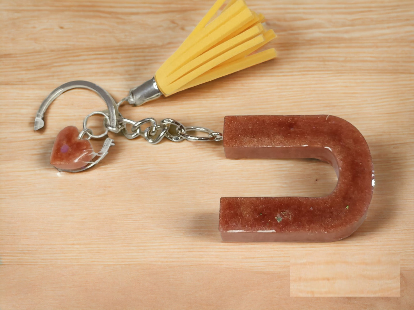 Haute Crafts Shiny Glittery Copper ("U")- with small Heart& Tassel, Resin Alphabet Initial Letter Keychain Key Ring for Women Girls Purse Handbags, Bike, Car Keyring ("U")