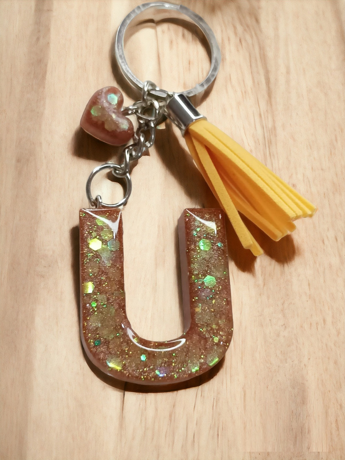 Haute Crafts Shiny Glittery Copper ("U")- with small Heart& Tassel, Resin Alphabet Initial Letter Keychain Key Ring for Women Girls Purse Handbags, Bike, Car Keyring ("U")