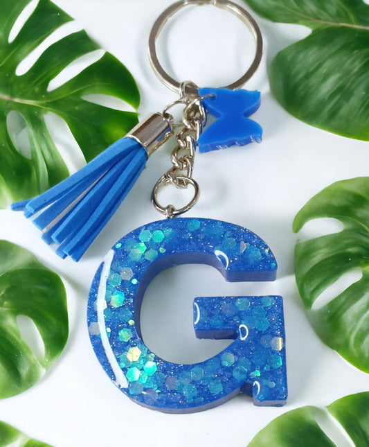 Haute Crafts Shiny Glittery Blue With Small Butterfly ("G") Resin Alphabet Initial Letter Keychain Key Ring for Women Girls Purse Handbags ("G")
