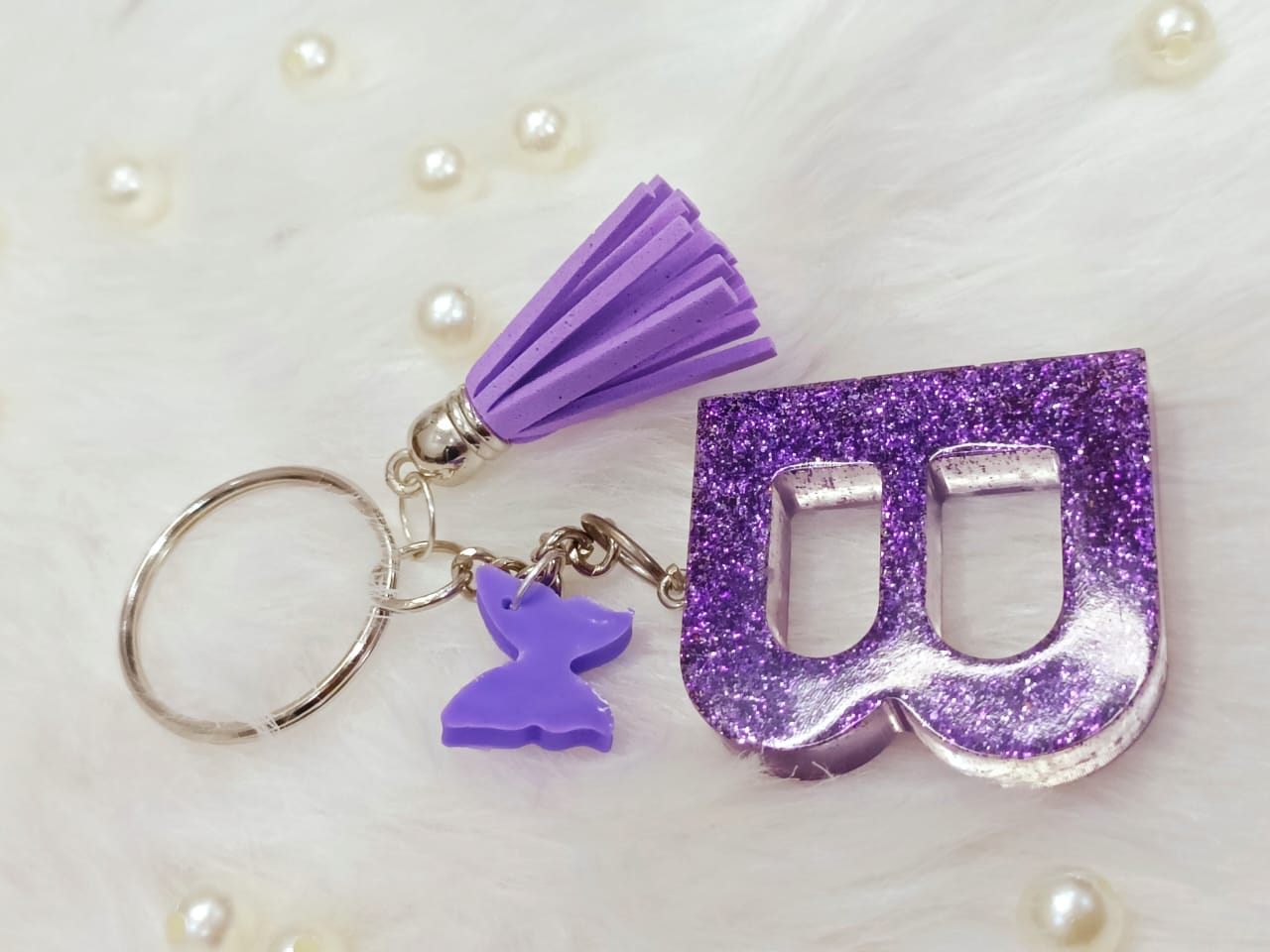 Haute Crafts Purple ("B")- with Small Butterfly & Purple Tessel Resin Alphabet Initial Letter Keychain Key Ring for Women Girls Purse Handbags, Bike, Car Keyring ("B")