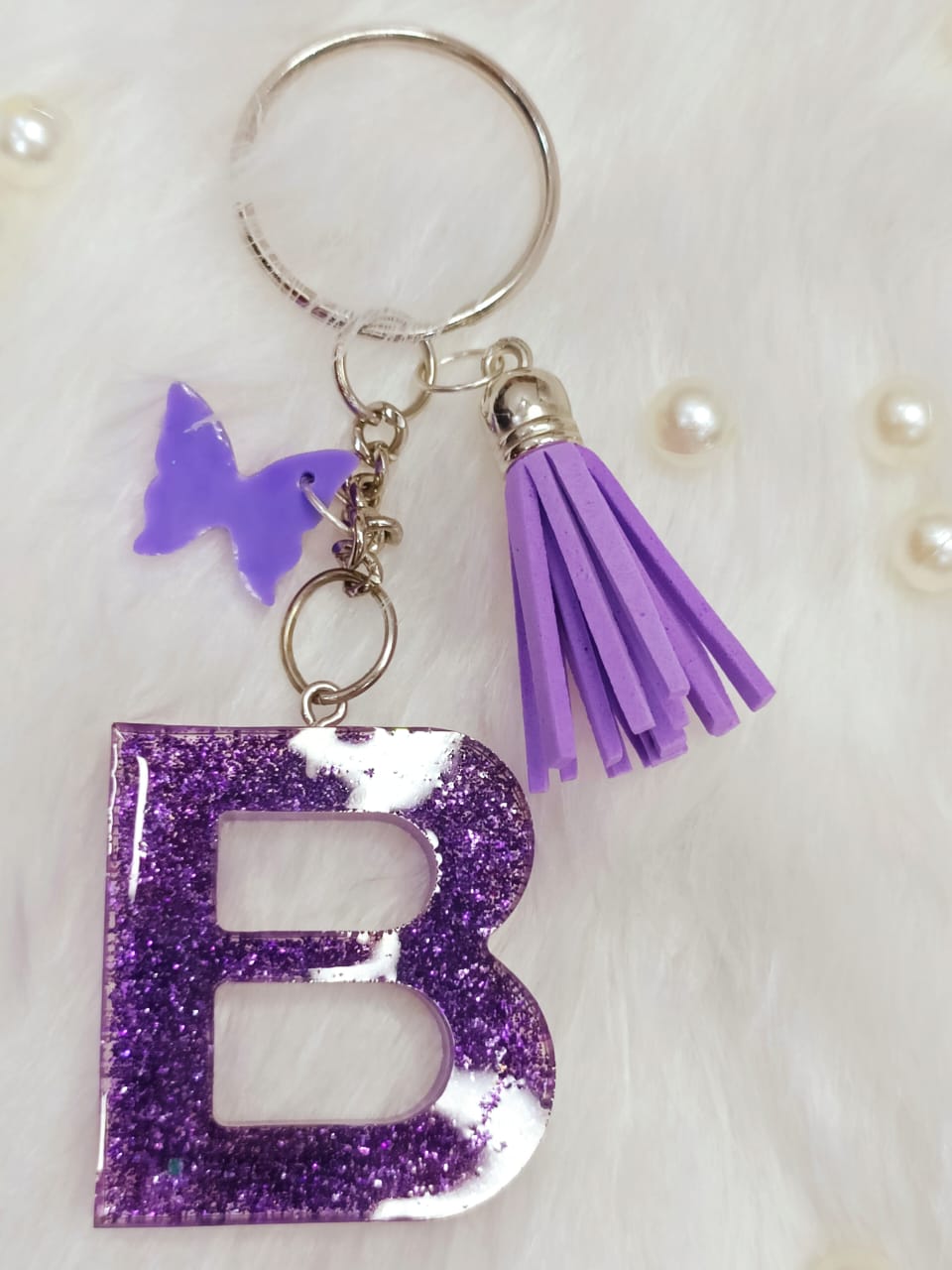 Haute Crafts Purple ("B")- with Small Butterfly & Purple Tessel Resin Alphabet Initial Letter Keychain Key Ring for Women Girls Purse Handbags, Bike, Car Keyring ("B")