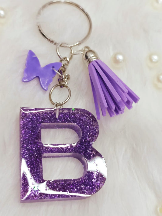 Haute Crafts Purple ("B")- with Small Butterfly & Purple Tessel Resin Alphabet Initial Letter Keychain Key Ring for Women Girls Purse Handbags, Bike, Car Keyring ("B")