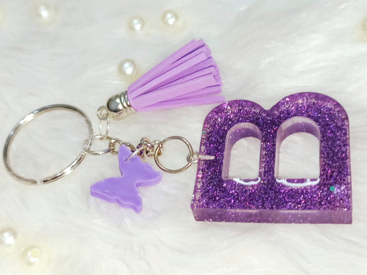 Haute Crafts Purple ("B")- with Small Butterfly & Purple Tessel Resin Alphabet Initial Letter Keychain Key Ring for Women Girls Purse Handbags, Bike, Car Keyring ("B")
