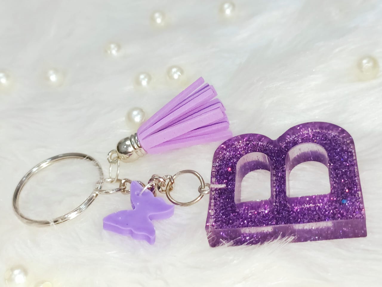 Haute Crafts Purple ("B")- with Small Butterfly & Purple Tessel Resin Alphabet Initial Letter Keychain Key Ring for Women Girls Purse Handbags, Bike, Car Keyring ("B")