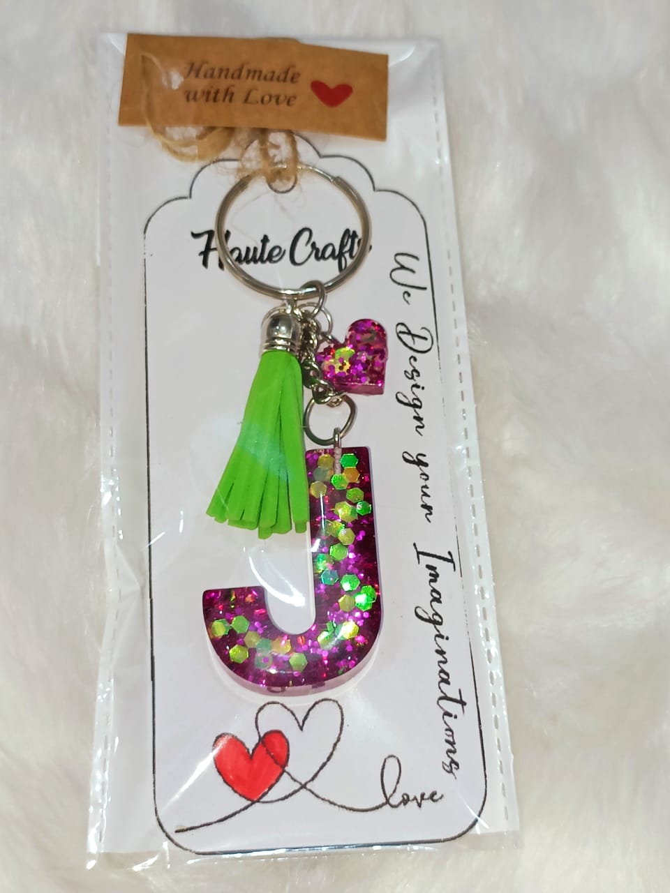 Haute Crafts Shiny Glittery Green & Pink ("J")- with small Heart & Green Tassel, Resin Alphabet Initial Letter Keychain Key Ring for Women Girls Purse Handbags, Bike, Car Keyring ("J")