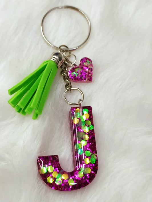 Haute Crafts Shiny Glittery Green & Pink ("J")- with small Heart & Green Tassel, Resin Alphabet Initial Letter Keychain Key Ring for Women Girls Purse Handbags, Bike, Car Keyring ("J")