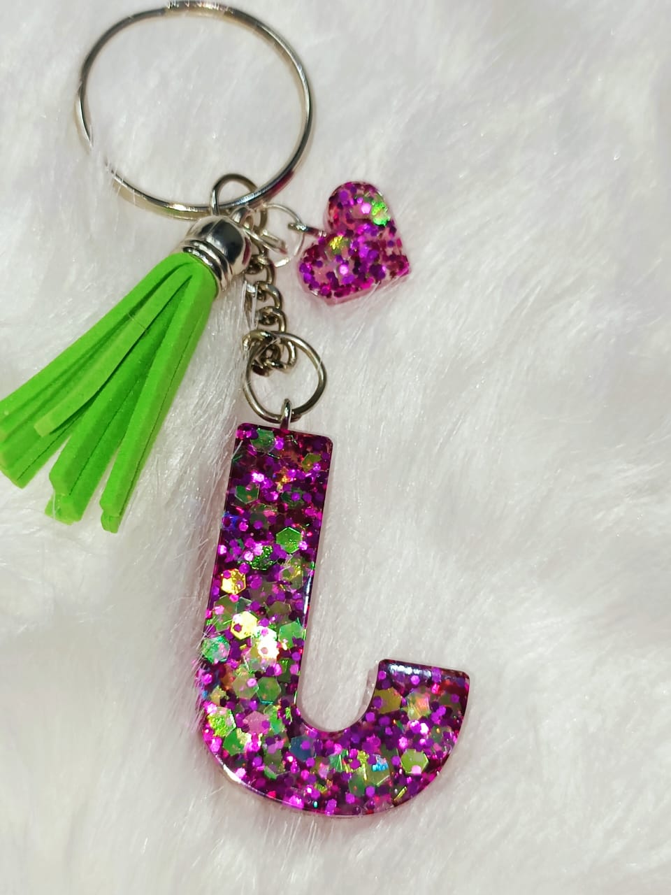 Haute Crafts Shiny Glittery Green & Pink ("J")- with small Heart & Green Tassel, Resin Alphabet Initial Letter Keychain Key Ring for Women Girls Purse Handbags, Bike, Car Keyring ("J")