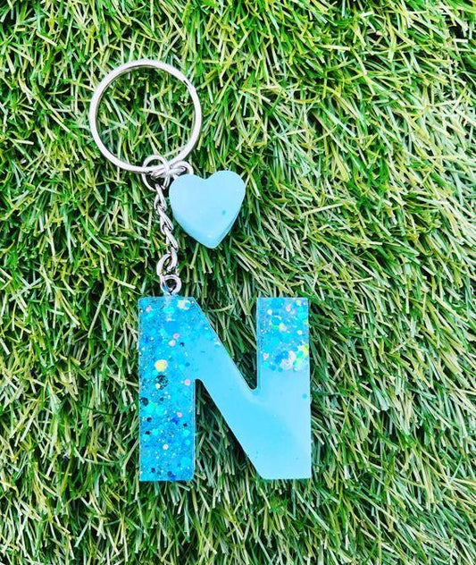 Haute Crafts Shiny Glittery Blue ("N")- with small Heart Resin Alphabet Initial Letter Keychain Key Ring for Women Girls Purse Handbags, Bike, Car Keyring, Home, Small Gifts, ("N")