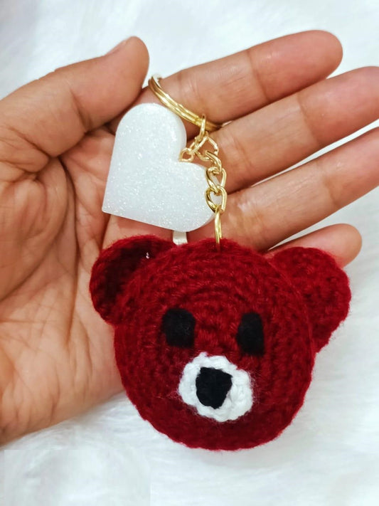 Haute Crafts Handmade Crochet Teddy Bear Keychain with Big White Heart (Washable Keychain)