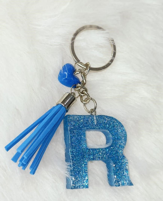 Haute Crafts Shiny Glittery Blue ("R")- with small Heart & Blue Tassel, Resin Alphabet Initial Letter Keychain Key Ring for Women Girls Purse Handbags, Bike, Car Keyring, Home, Small Gifts, ("R")