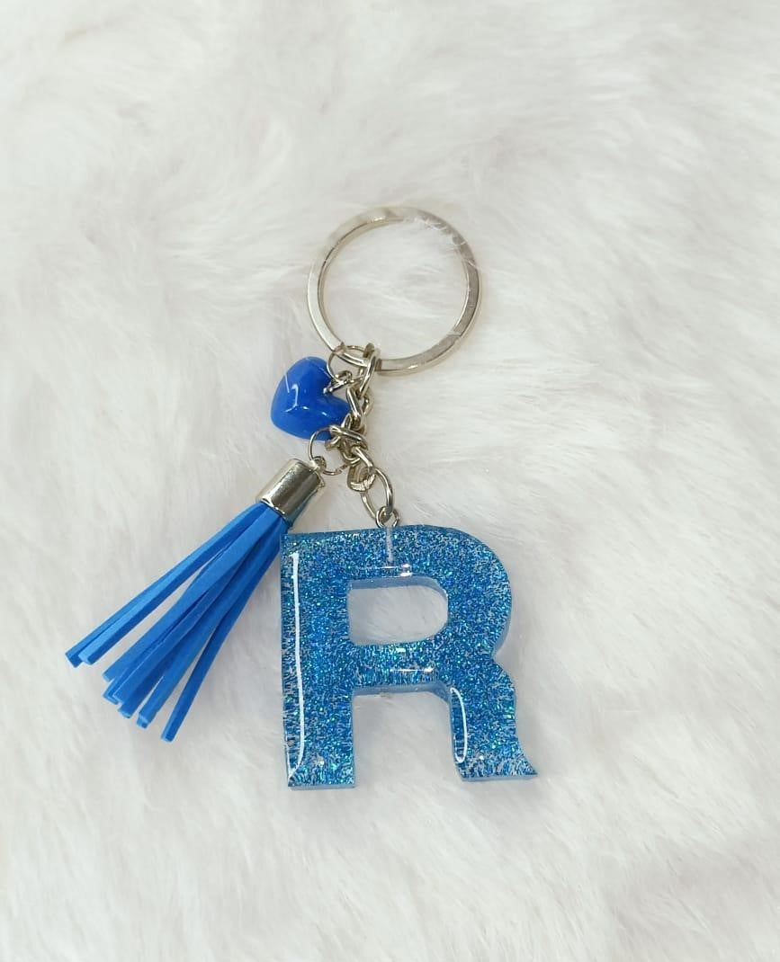 Haute Crafts Shiny Glittery Blue ("R")- with small Heart & Blue Tassel, Resin Alphabet Initial Letter Keychain Key Ring for Women Girls Purse Handbags, Bike, Car Keyring, Home, Small Gifts, ("R")