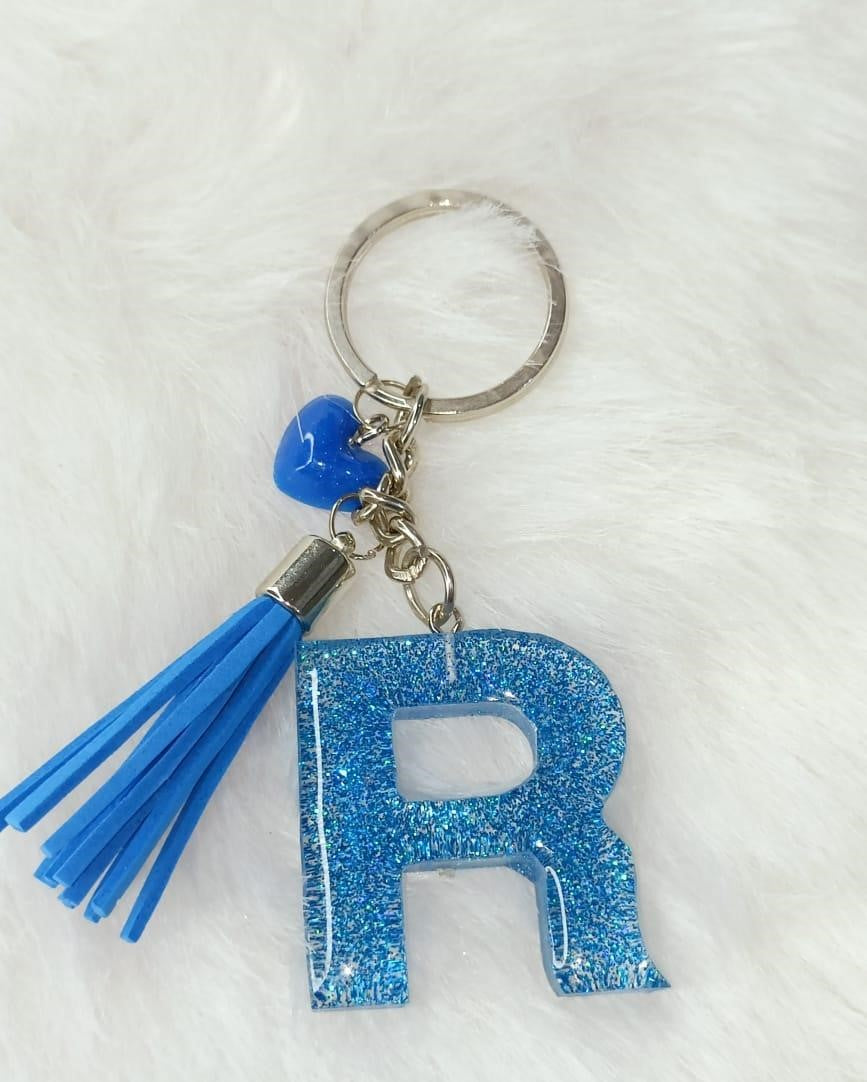 Haute Crafts Shiny Glittery Blue ("R")- with small Heart & Blue Tassel, Resin Alphabet Initial Letter Keychain Key Ring for Women Girls Purse Handbags, Bike, Car Keyring, Home, Small Gifts, ("R")