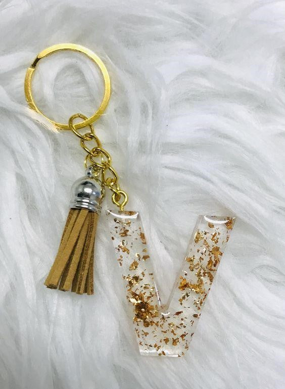 Haute Crafts Golden ("V")- with Heart, Resin Alphabet Initial Letter Keychain Key Ring for Women Girls Purse Handbags, Bike, Car Keyring ("V")