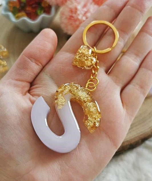 Haute Crafts Shiny White & Golden ("S") Resin Alphabet Initial Letter Keychain Key Ring for Women Girls Purse Handbags, Bike, Car Keyring ("S")